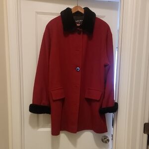 Albert Nipon Red Pea Coat with Black Trim